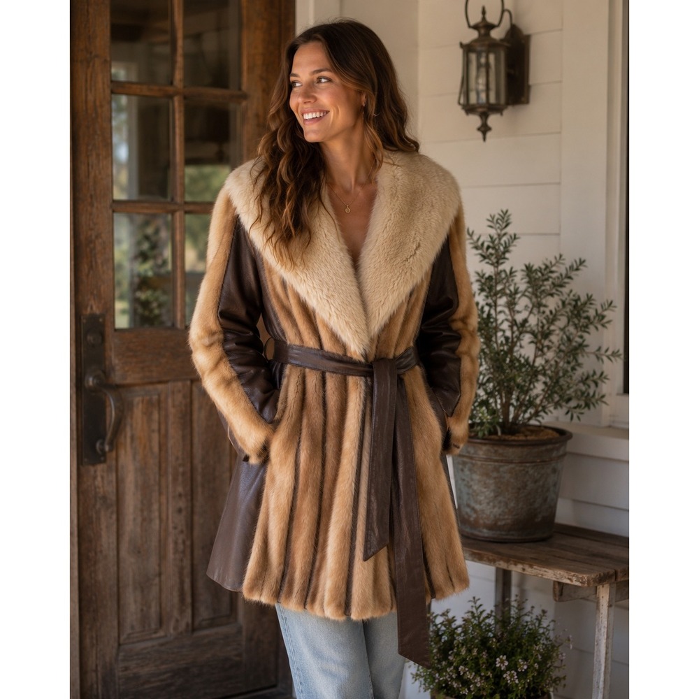 VTG Kaufmann's Vintage Real Fur Jacket Leather Belted Wrap Coat Brown Tan Luxury